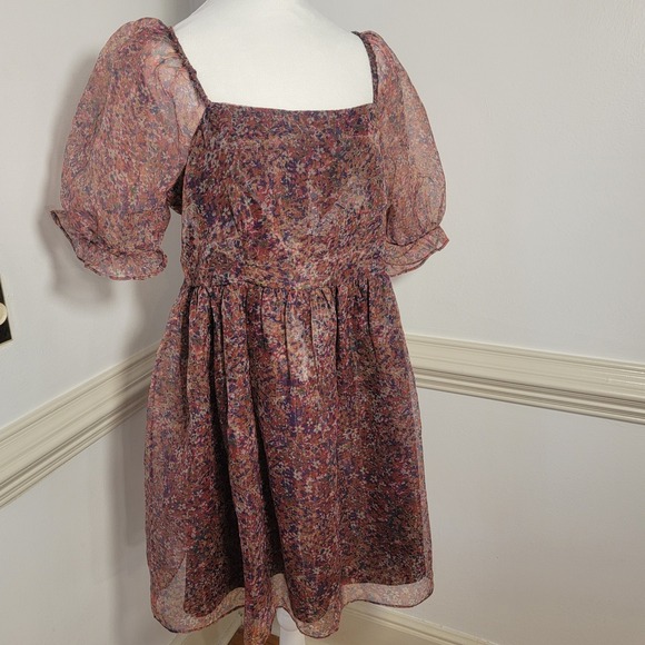 English Factory Floral Chiffon Babydoll Dress Puff Sleeve Square Neck Size 1X - Picture 3 of 11